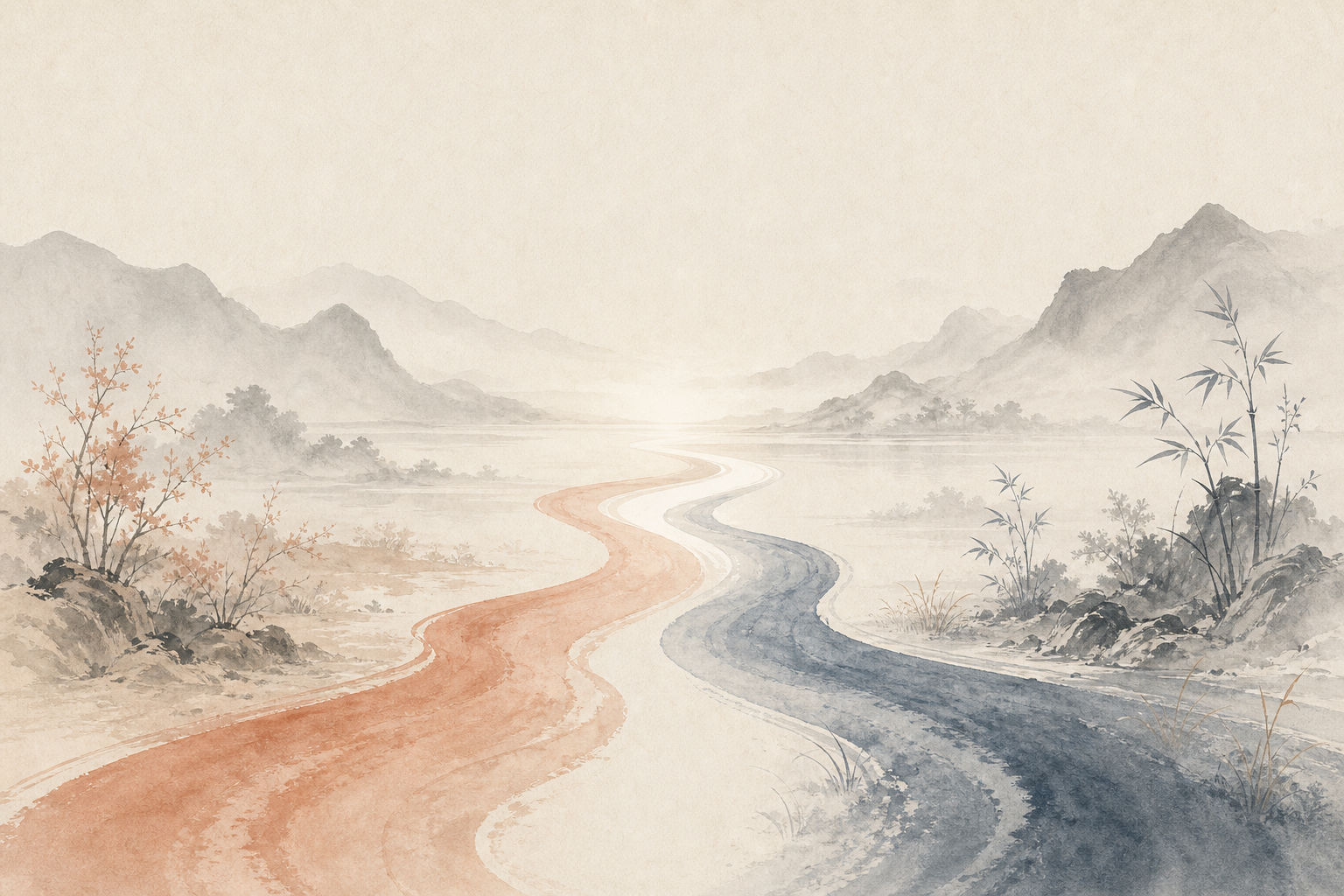 两条小径在山水间汇合