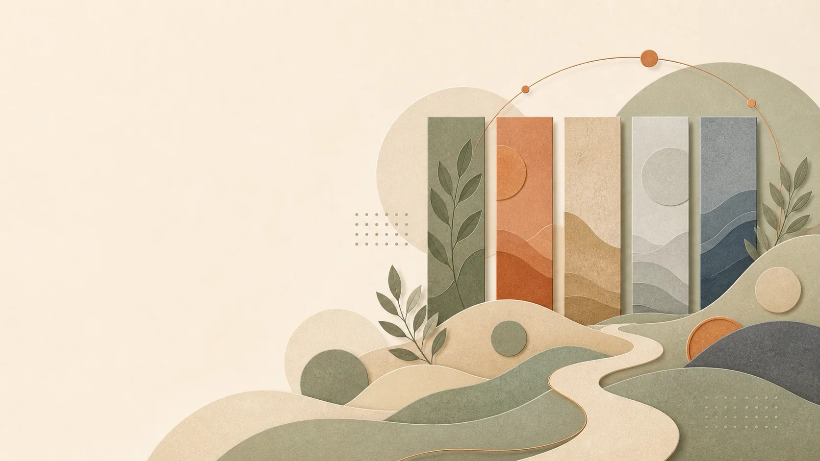 Five balanced abstract paper-cut layers representing the BaZi elements in a calm natural landscape.